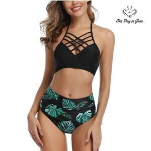 Holipick High Waist Floral Cross Strappy Ruched Bikini Size M